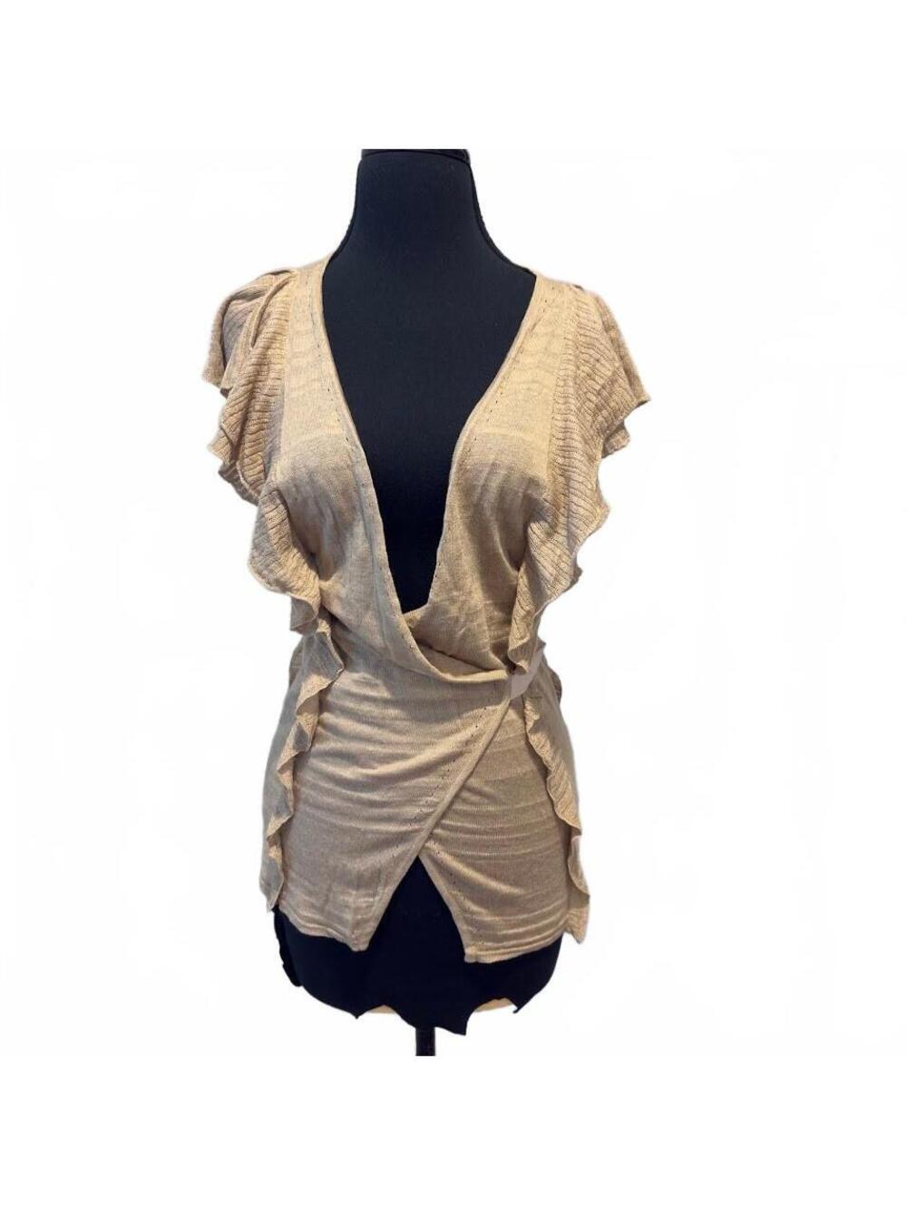 Banana Republic Women's Beige Silk & Flax Wrap Top with Ruffle Sleeves SZ Small